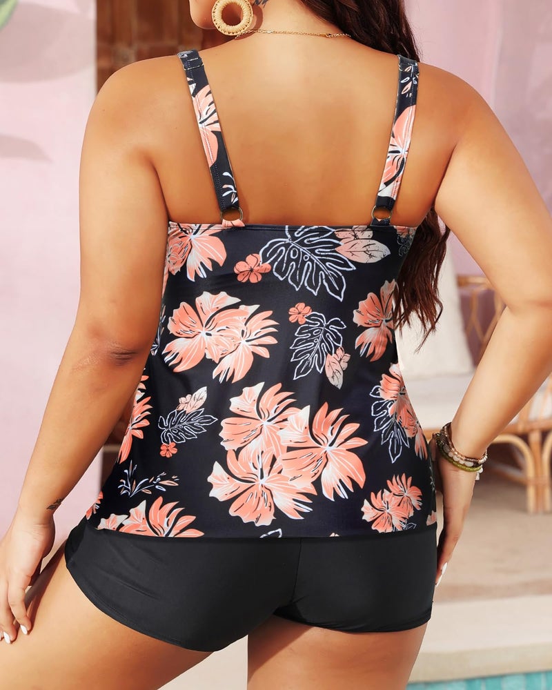 Yonique Women's Plus Size Tankini Swimsuits with Shorts Two Piece Bathing Suits Ruffle Swimsuits Tummy Control Swimwear Orange Floral 20W - Image 3